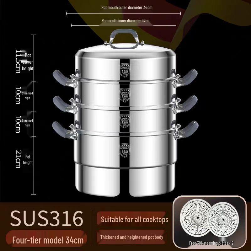 316 Stainless Steel Steamer Pot with Silicone Handle - Large Capacity Multi-layer Stew Basket