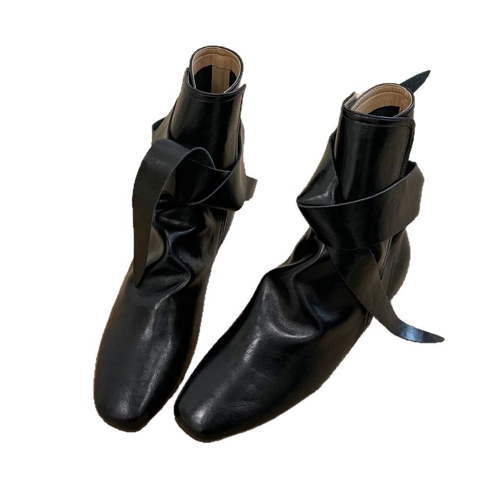Niche Polished British Style Martin Boots Women's Autumn and Winter Chelsea Short Boots Bow Flat Bottom Pleated Pile Boots