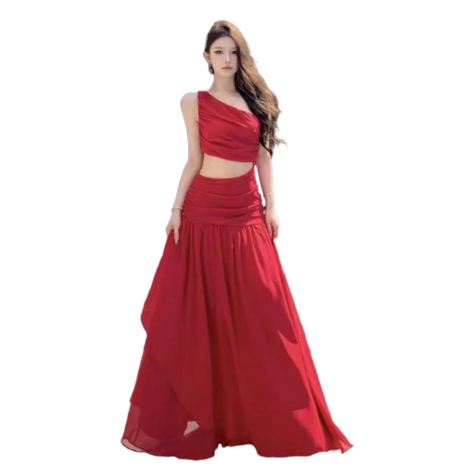 Real Shot French Niche Premium Cold Feeling Slanted Shoulder Waist Dress Women's Seaside Vacation Atmosphere Super Fairy Dress