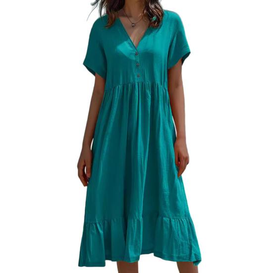 Women Summer Dress Button V Neck Short Sleeve Loose Fit Flowy Beach Sundress Ruffled A-line Swing Casual Midi Dress