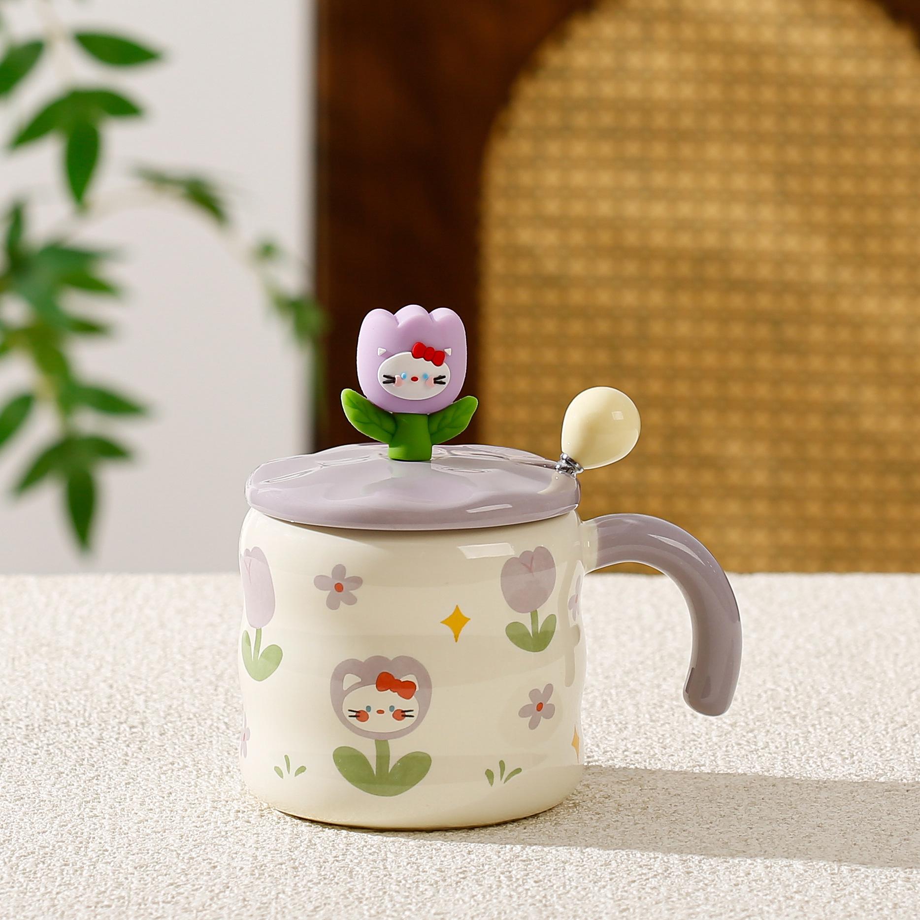 Tulip Cat Flower Girl Ceramic Heart Mug - Girly Souvenir Gift Cup 380ml
