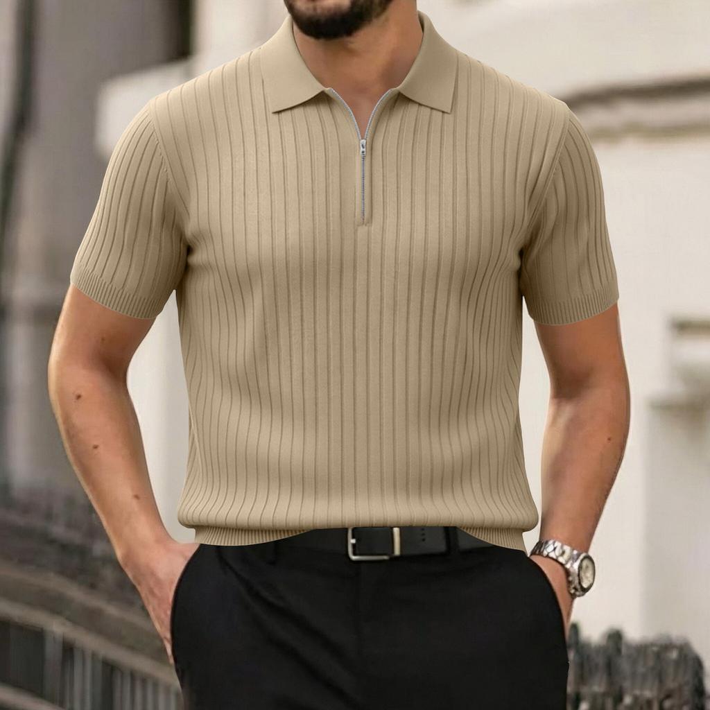 Men's Summer Short Sleeve Polo Shirt Ribbed Knit Half Zip Collar Casual Lightweight Breathable Pullover Top for Everyday Wear