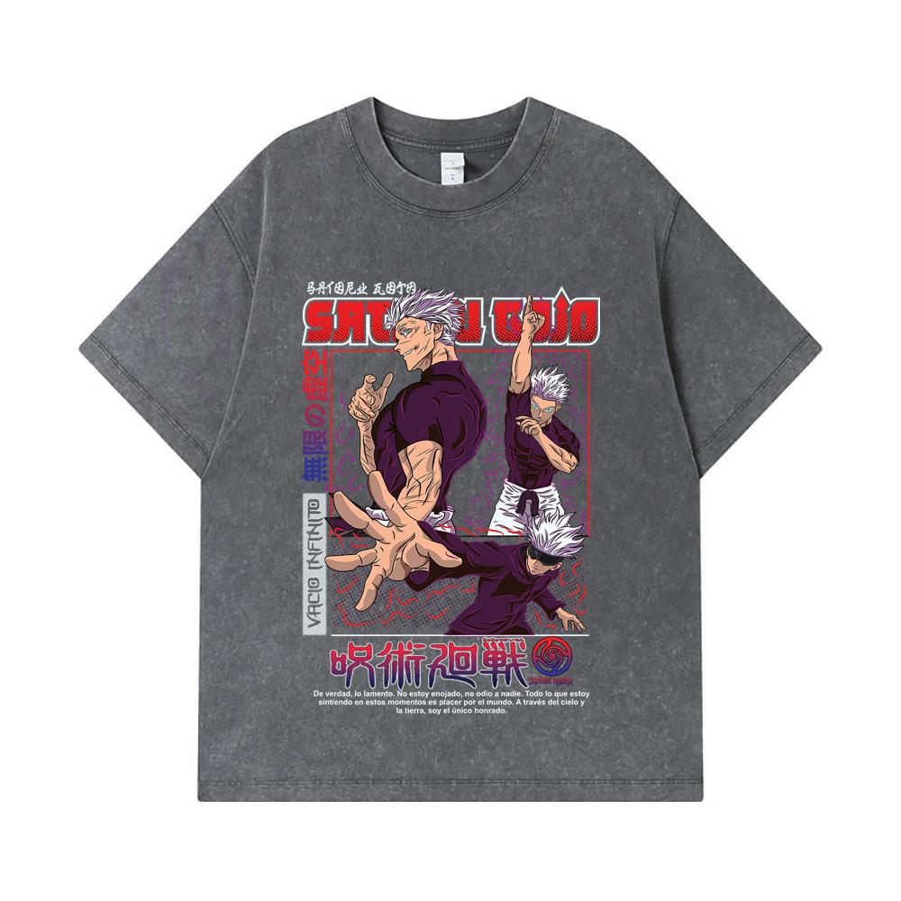 275 GSM Washed T-shirts 100% Cotton Jujutsu Kaisen V25 Gojo Print Unisex Heavy Cotton T Shirt
