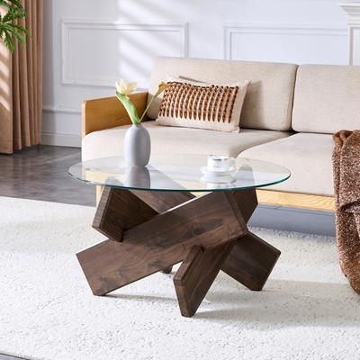 Multi-Color Optional MDF + Glass Round Coffee Table: Walnut Wood Grain Support Legs. 79cm Diameter, 0.8cm Thick Tempered Glass Surface.