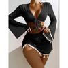Swimsuit Women's Split Three Four Piece Set Solid Color Tassel Lace Up Long Sleeve Bikini Suits EMA