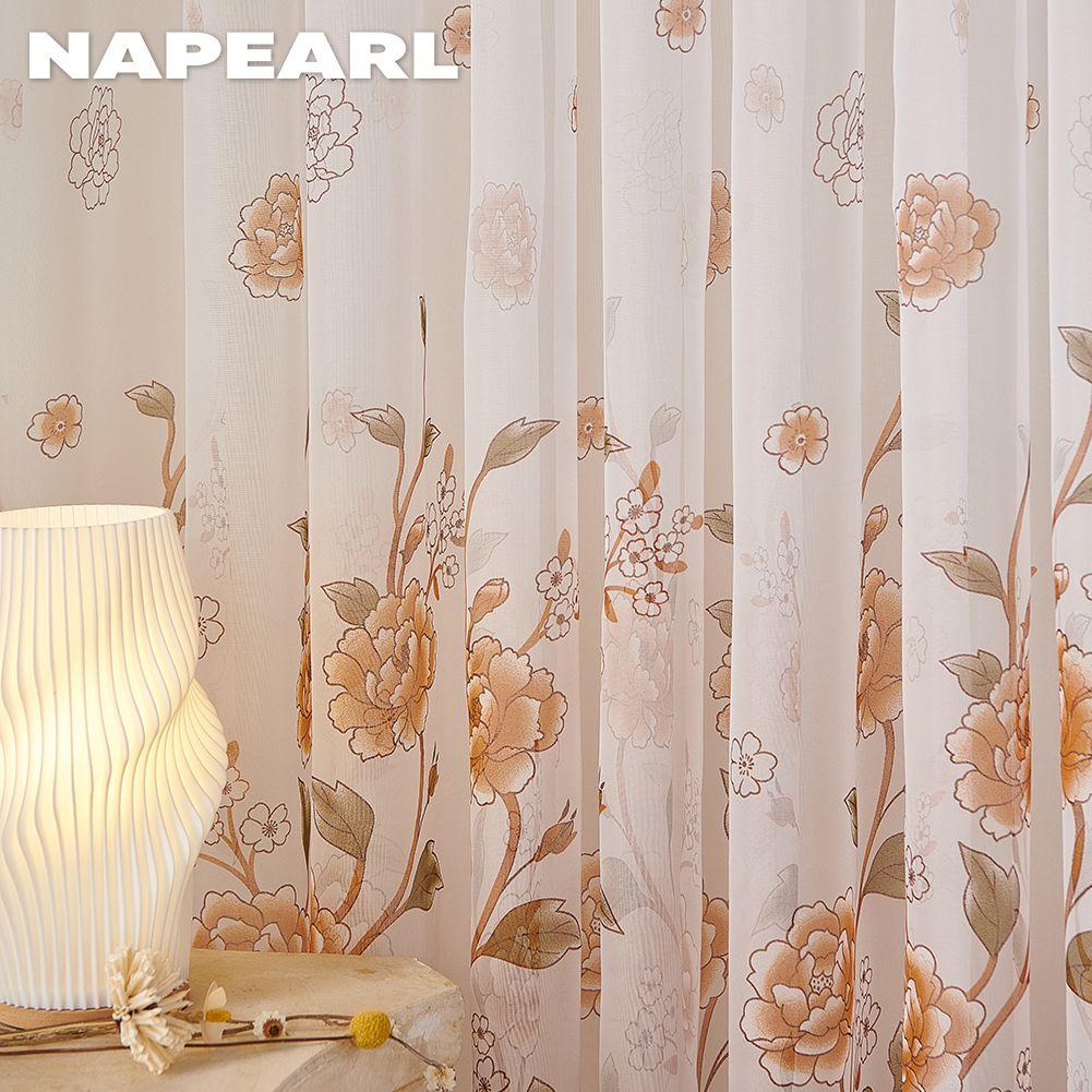 1PC NAPEARL Orange Flower Printed White Tulle Curtains for Bedroom Window Screen Panels Sheer Living Room Kitchen Home Decor
