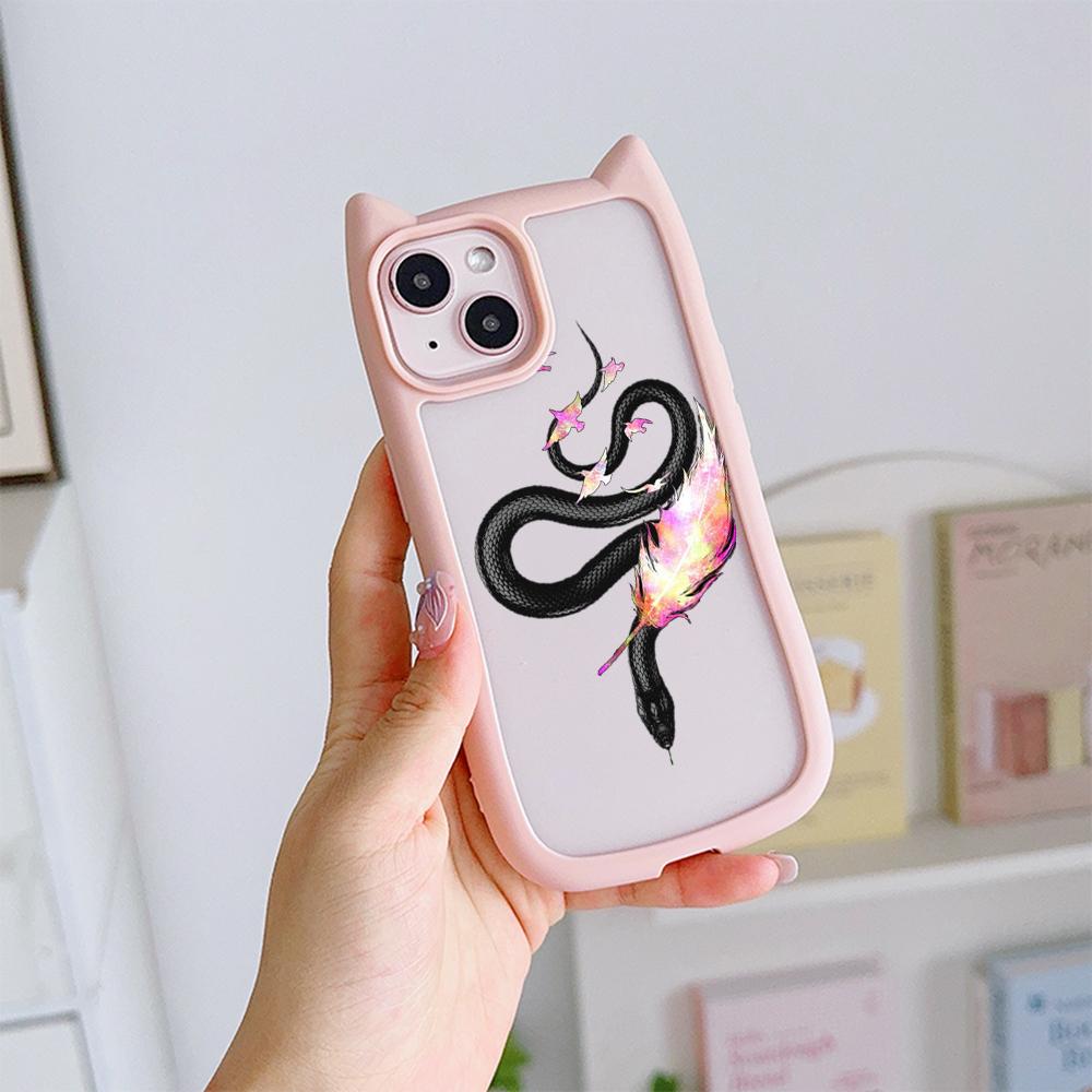 Soft Cat Ear Phone Cases for iPhone 16 15 13 12 11 Pro Max 14 Plus XR TPU Anti-Drop Transparent Acrylic Back Cover N77 Butterfly Black Gold Snake