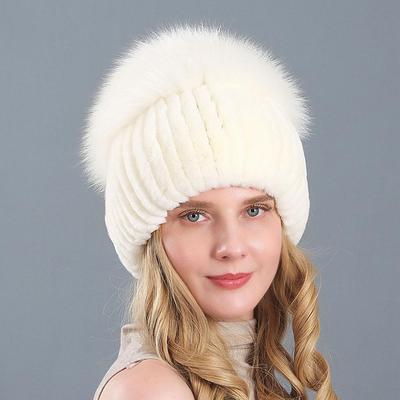Neue Frauen Winter Luxus Echt Rex Kaninchen Pelz Hut Gestrickte Rex Kaninchen Pelz Hut Top Natürliche Fuchs Pelz Kappe Echten fuchs Pelz Mützen Hut