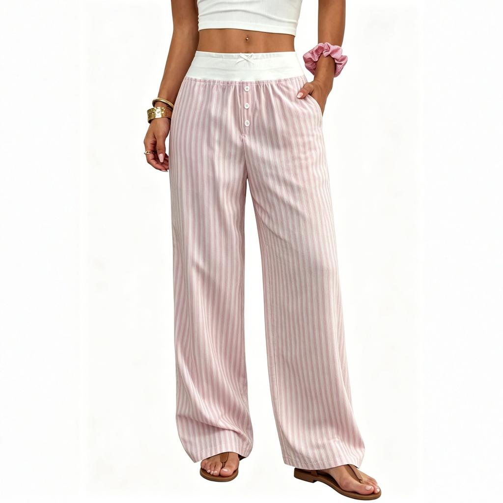 Ladies' Fashionable Casual Striped Wide Leg Pants
