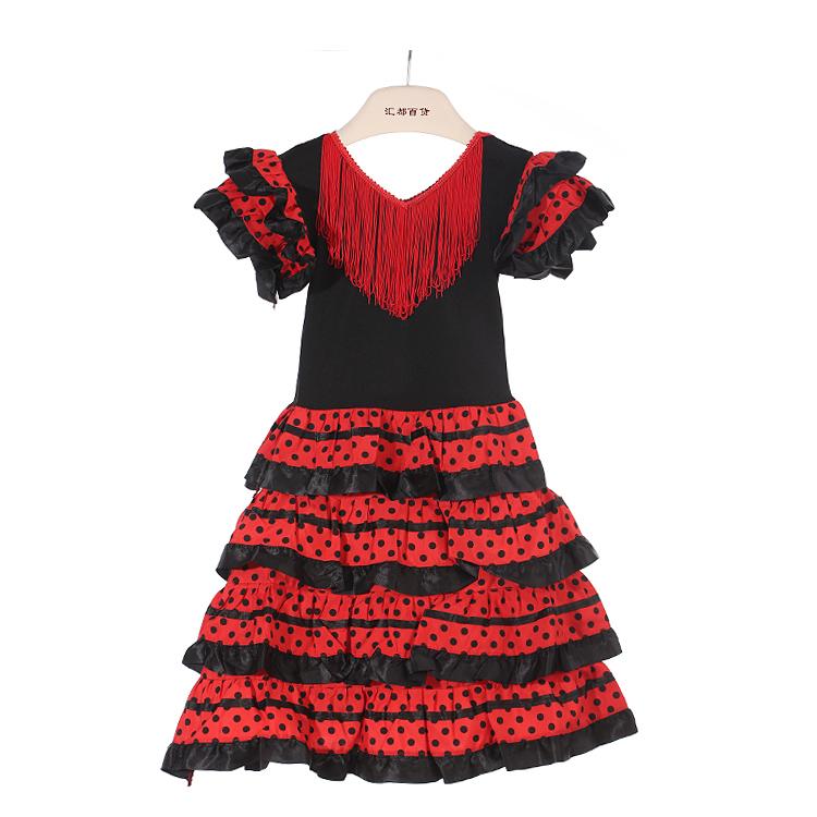 Girls Dress Beautiful Spanish Flamenco Dancer Costume Childrens April Sevilla Performances Dance Outfit 4