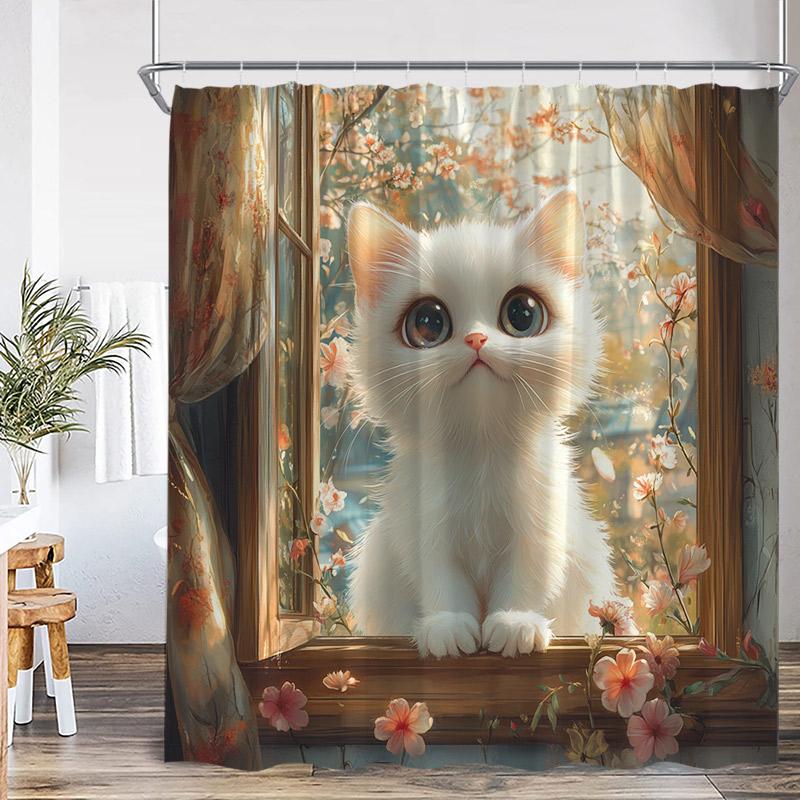 Cute Cat Shower Curtain Pink Cherry Floral Tree Asian Oriental Watercolor Flower Funny Animal Green Grass Bathroom Curtain Decor
