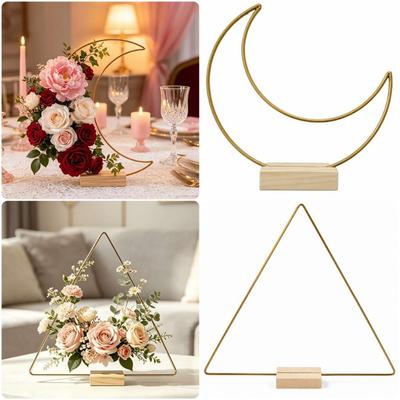 Gold Floral Garland Frame Triangle Moon Shape Hollow Out Metal Hoop Wreath Frame  Wedding Decor