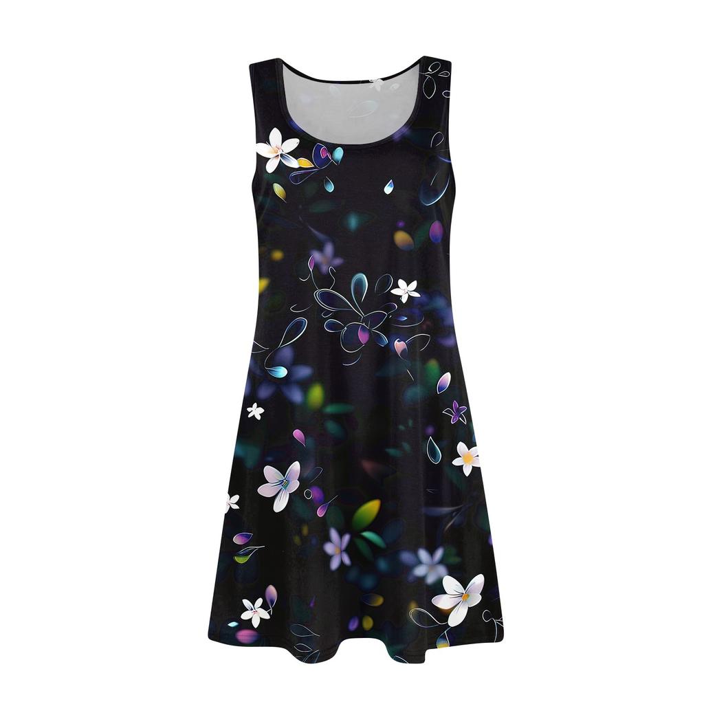 Damen Sommer Casual U-Ausschnitt Blumendruck Kleid Ärmelloses Kleid mit Taschen