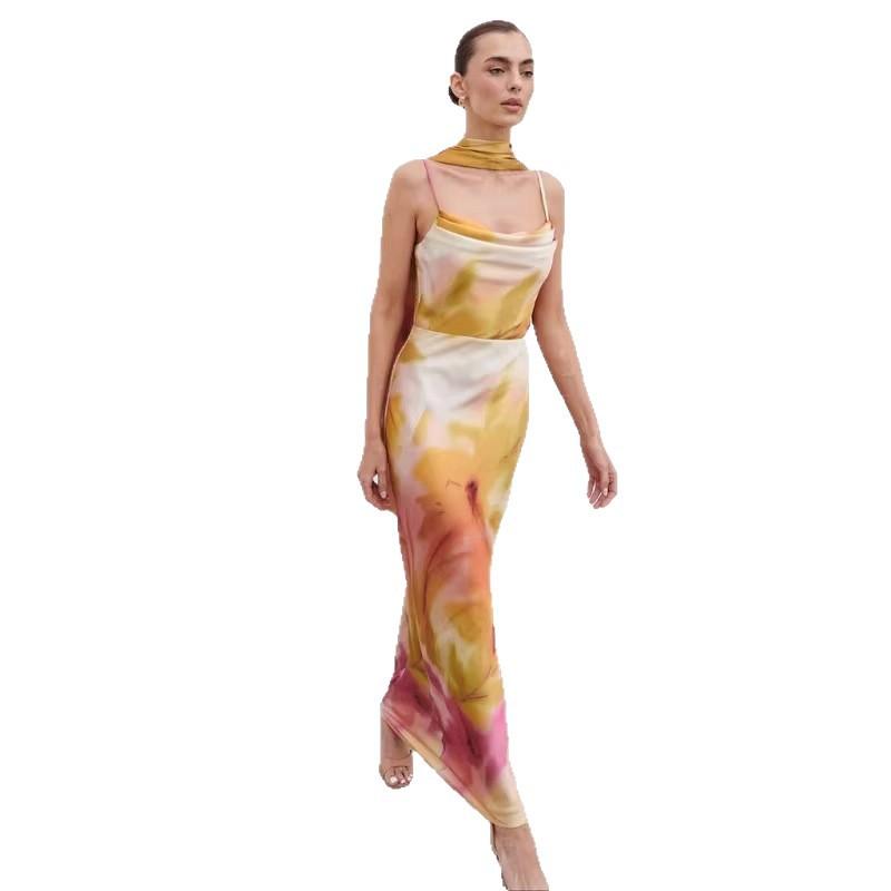 European and American new fashion women's clothing floral elegant printing suspender skirt satin sexy high-waisted dress