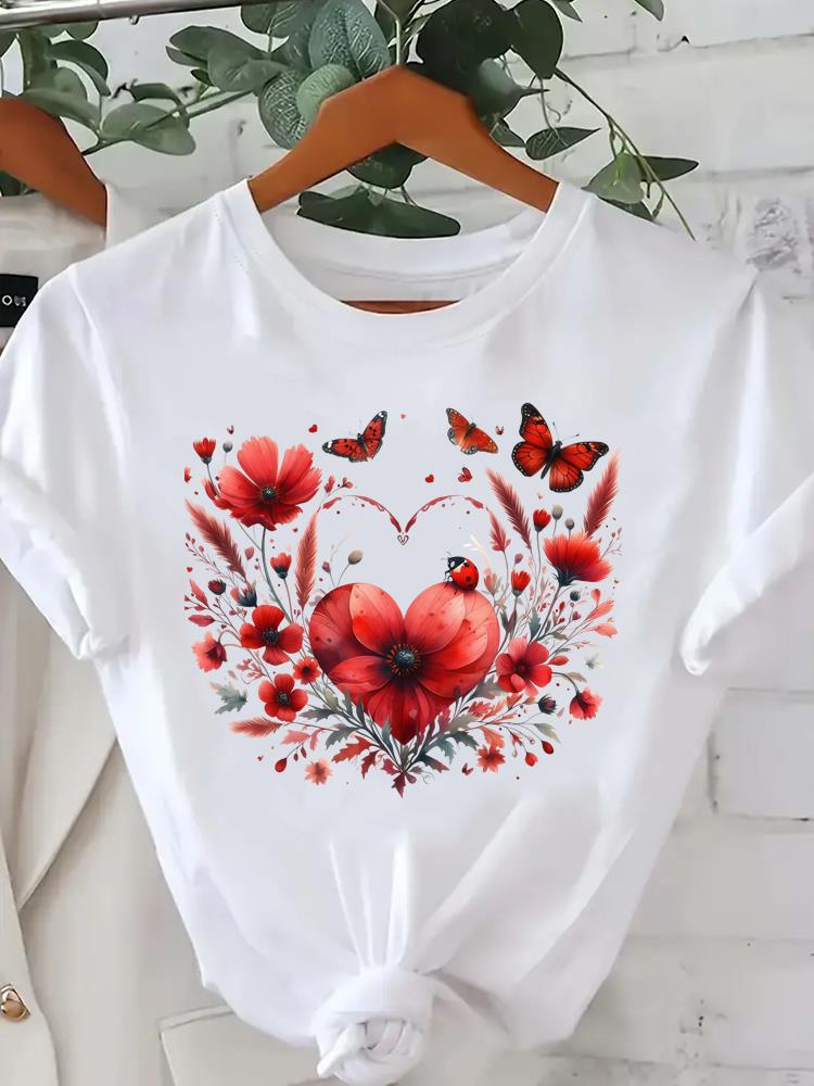 (Asian Size) Tee Lady Female Clothing T Shirt Printed Women Casual Fashion Feather Vintage Trend Top Graphic Short Sleeve T-shirts