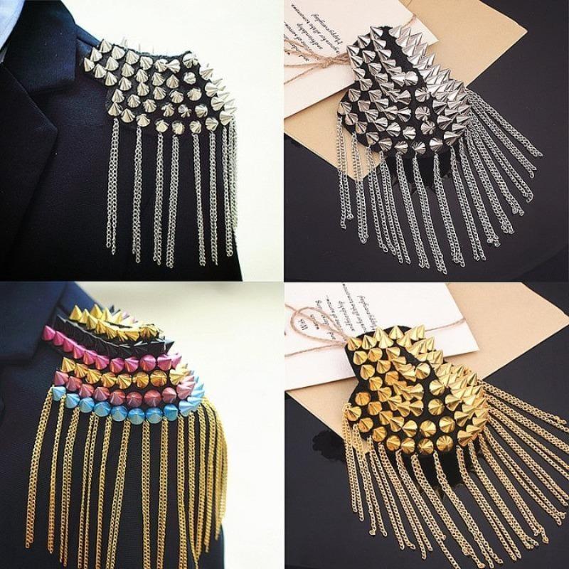 1Pc Punk Skirt Silver Rivet Tassel Necklace Epaulet Shoulder Flap Badge