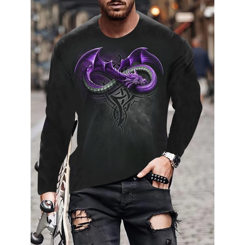 T-shirt à manches longues imprimé dragon 3D pour homme - T-shirt graphique élégant noir à col rond avec design d'ailes jaune et vert vives