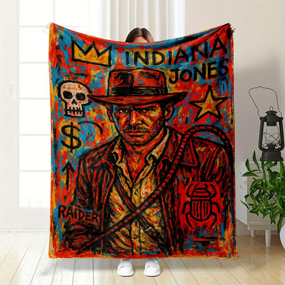 Bold, Colorful Depiction of Indiana Jones Elements In Abstract Strokes. for All Seasons Blanket Lunch Break Throw Gift