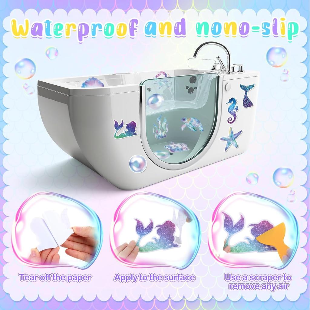Funrous 20 Pcs Mermaid Non Slip Bathtub Stickers Ocean Mermaids Anti Slip Shower Stickers Shower Floor Nonslip Sticker with Scraper Ocean Applique