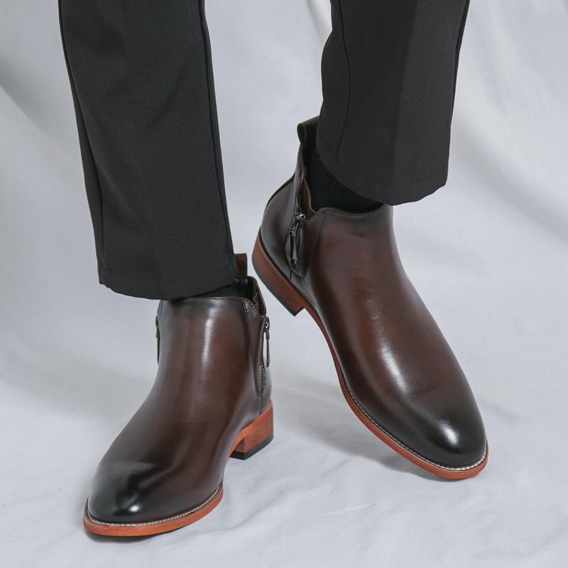 Fashion Fashion Brand Men's Autumn Comfortable Pointed Chelsea Leather Boots Retro Style Men's Side Zipper Breathable Casual Short Boots