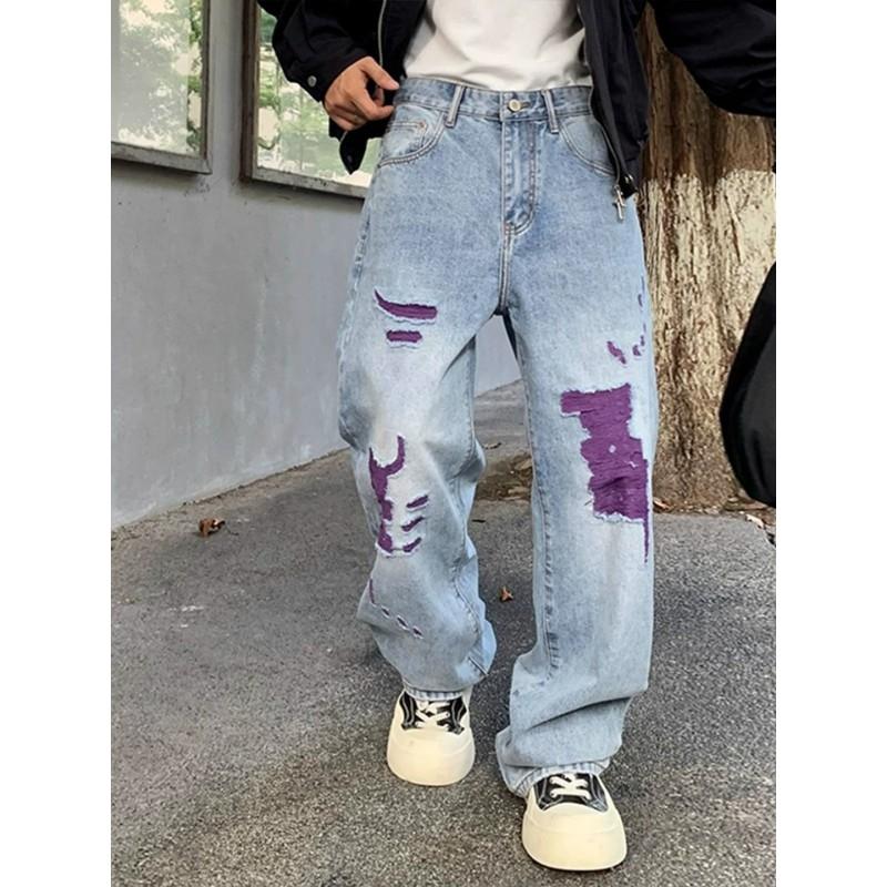 Mens Vintage Loose Straight Leg Jeans Ripped Streetwear Style Casual Denim Pants Teens