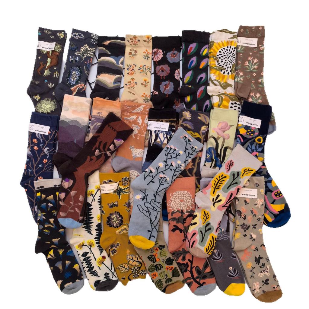 French Bonne Maison Retro Mid-Calf Socks in Maillard Color Scheme - Trendy Cotton Fashion Socks