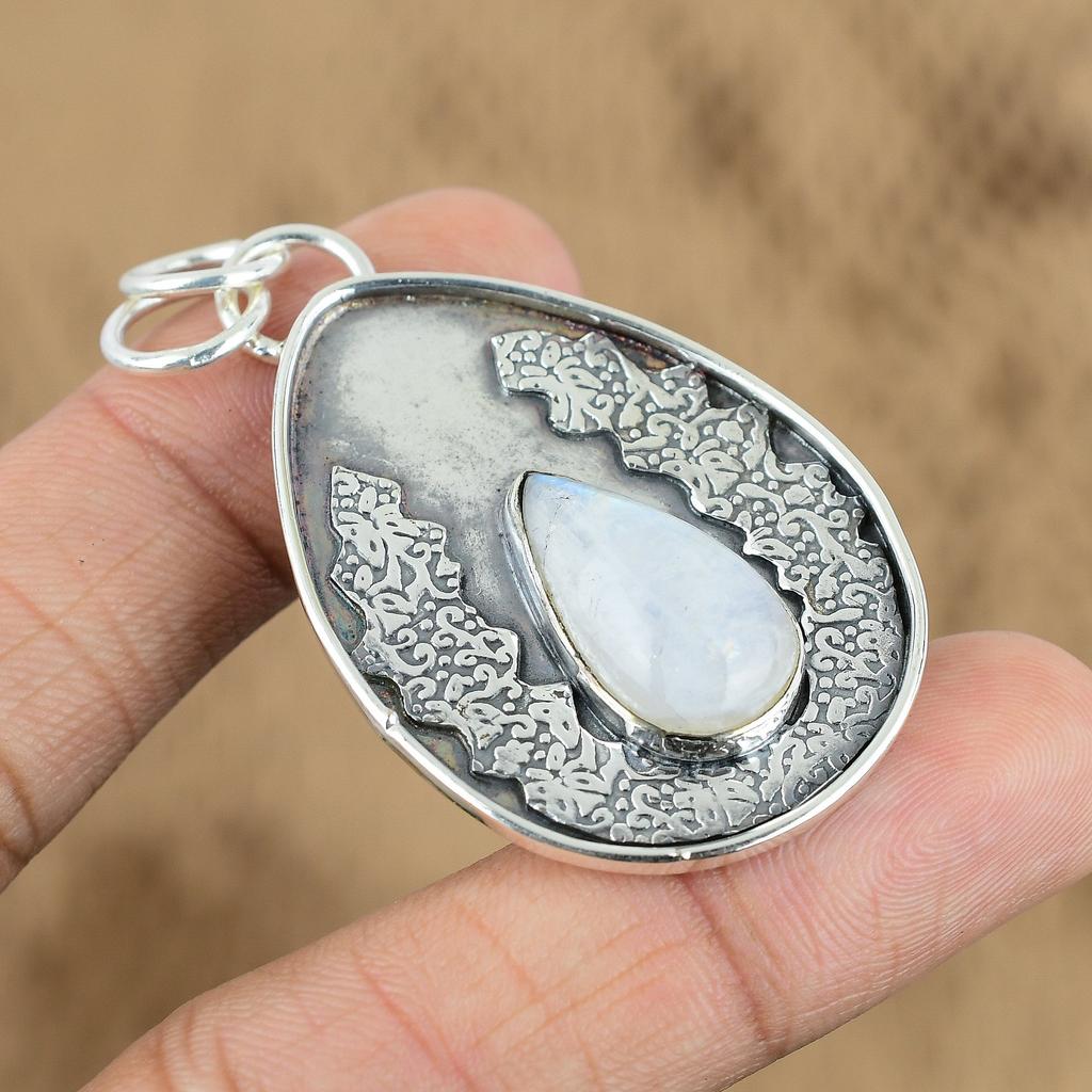 925 Silver Pear Rainbow Moonstone Stone Anniversary Sister Crown Chakra Pendant