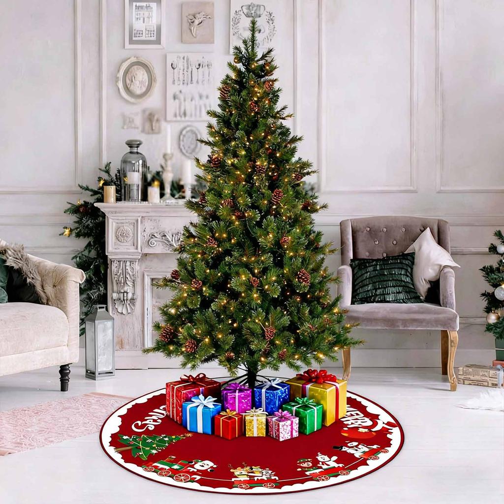 Christmas Tree Skirt Red Xmas Tree Ornaments, For Soft Plush Christmas Tree Mat With Snowy Pattern For Decorations Holiday Party 35 Inches