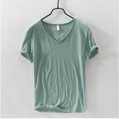 New Slim Fit Slub Cotton Pure Color V Collar Short Sleeved Tops Tees Men T-Shirt Multi-color Man T-Shirts Fitness