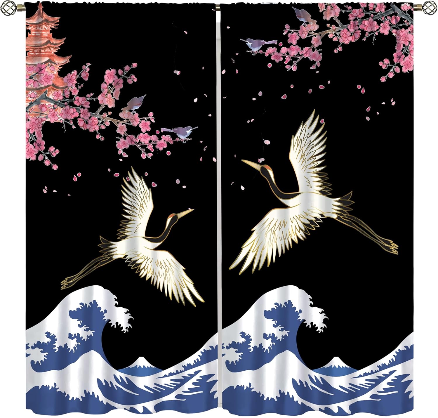 

Japanese Style Cranes Curtain Asian Waves Traditional Chinese Cherry Blossom Printed Window Treatment for Living Room Bedroom Ki 100*130 Rod Pocket 1pcs