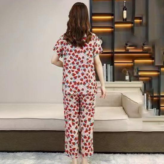 Women's Cotton Pajamas Set Short Sleeve Top Long Pants Casual Two-Piece Sleepwear Set Summer Plus Size Thin Loungewear for Elderly Mom