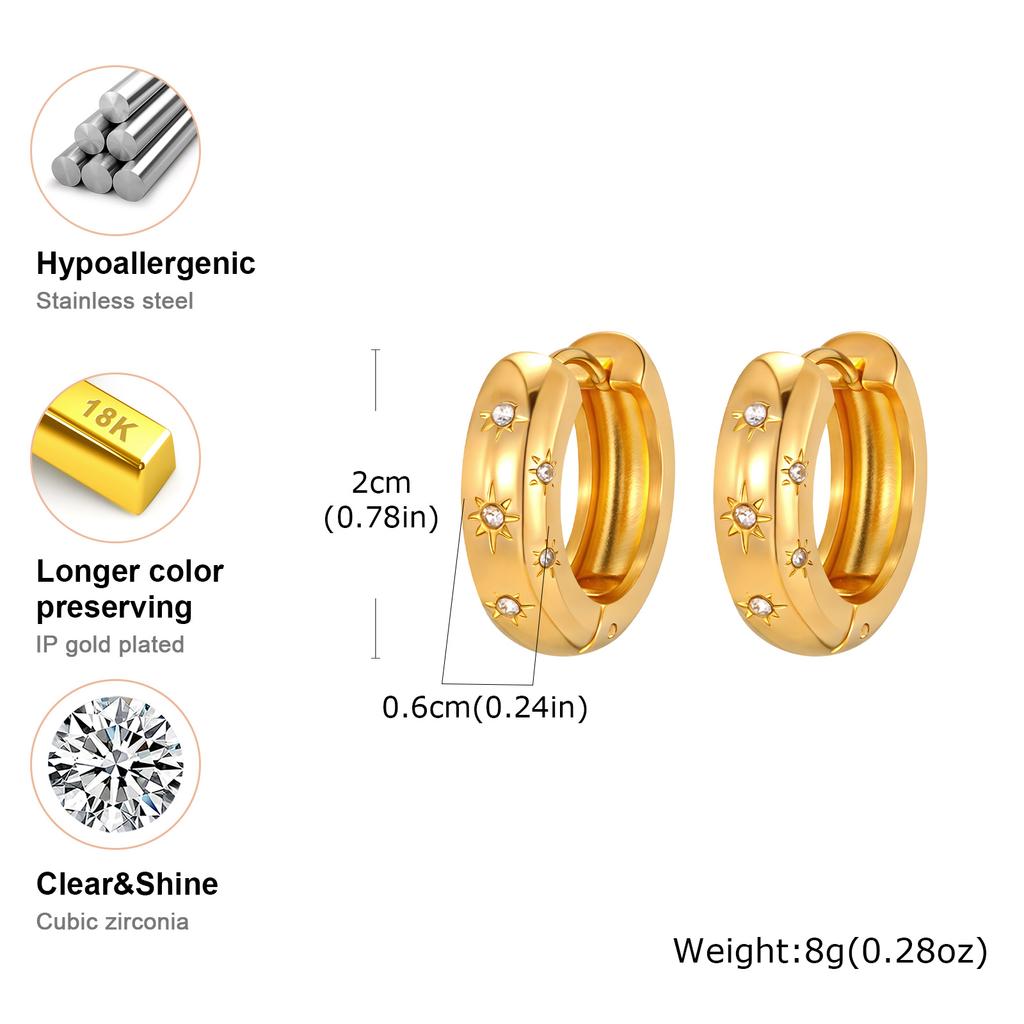 Dainty White Zircon Six-pointed Star Earrings for Women Fine Jewelry,Stainless Steel 18K Gold Plated U-shaped Hoop Earrings