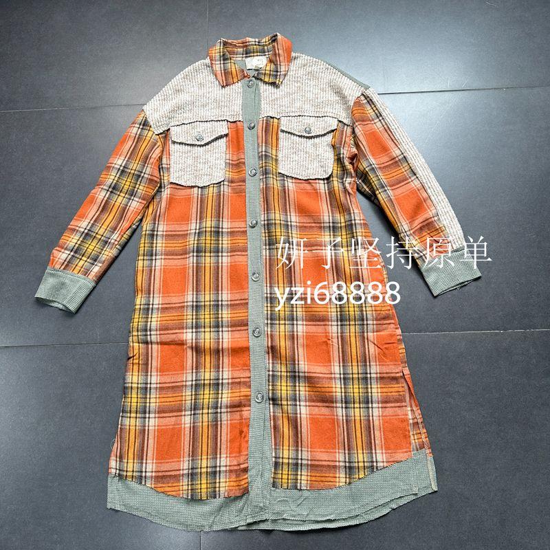 

Export Pure Original Autumn Maillard Style Brown Series Retro Plaid Lapel Long Slit Shirt Dress Women Orange check M