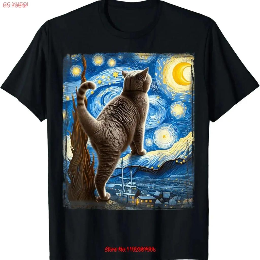 New Limited Van Gogh Starry Night Style British Shorthair Cat T Shirt Vintage Washed Breathable Graphic Stretched Slightly