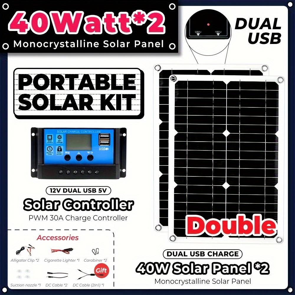 

Комплект из 2 солнечных панелей мощностью 80 Вт с выходами USB и 18 В постоянного тока, контроллером 30 А - идеально подходит для зарядки аккумуляторов автомобилей, яхт, автофургонов, лодок