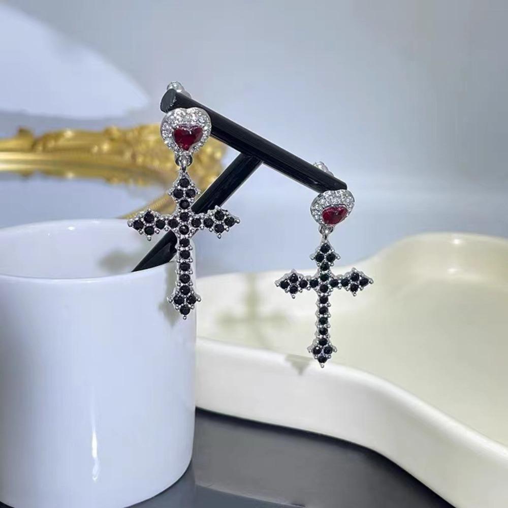 Punk Grunge Red Heart Crystal Cross Pendant Double Layer Silver Color Chain Necklace for Women Gothic Y2k Aesthetic Jewelry Gift