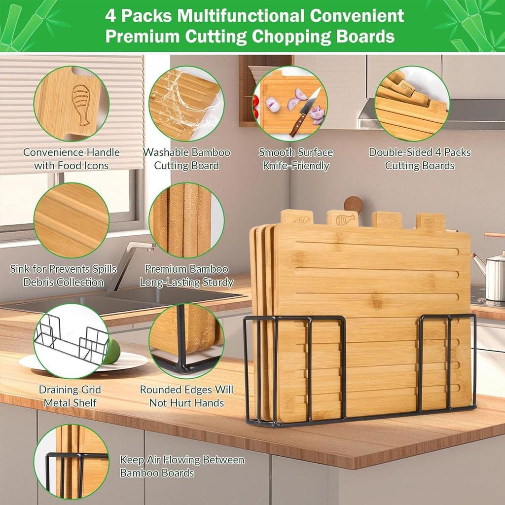 Cutting Boards with Holder Sets for Kitchen Wood Chopping Block for Meat Fish Vegetables Food Chopping Wood Boards Set