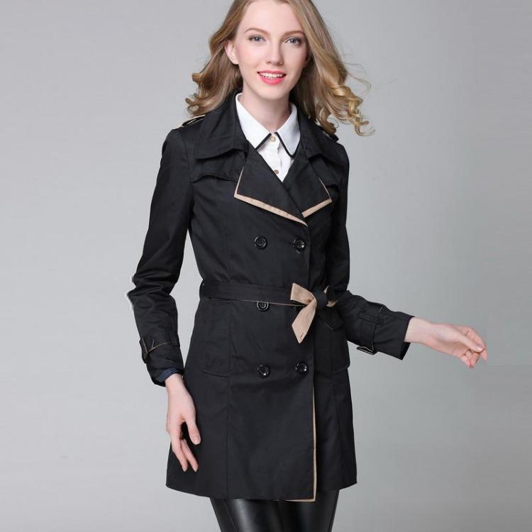 Doppelreihiger Business-Trenchcoat Damen Klassischer Gürtel Europäisch Khaki Schwarz