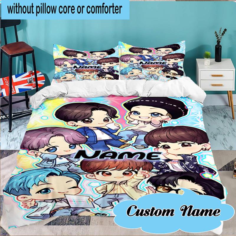 Custom Name 3PCS K-pop BTS Artwork Characters Bedding Set Including 1pc Duvet Cover And 2pcs Pillowcases for Bedroom, Dormitory Gift Home Decor
