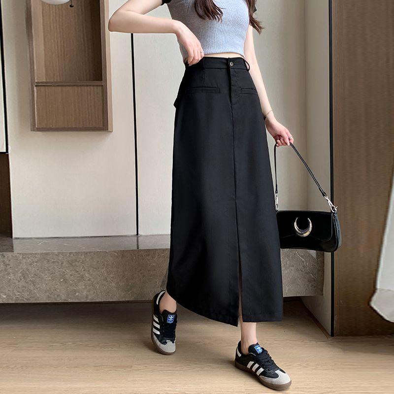 

Plus Size Chubby Girl Elastic Waist Suit Skirt Minimalist Easiest for Match Loose A- line Skirt Long Skirt Mid Waist Pure Color Split Black 3XL