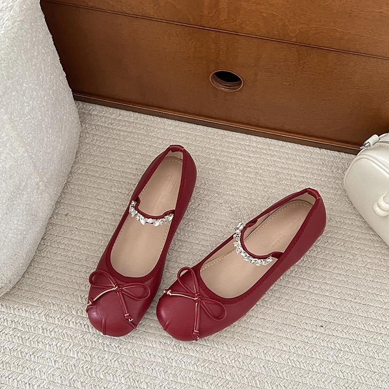 Bow rhinestone shallow mouth Mary Jane women's shoes 2025 new fairy style with skirt inner height increase ballet shoes