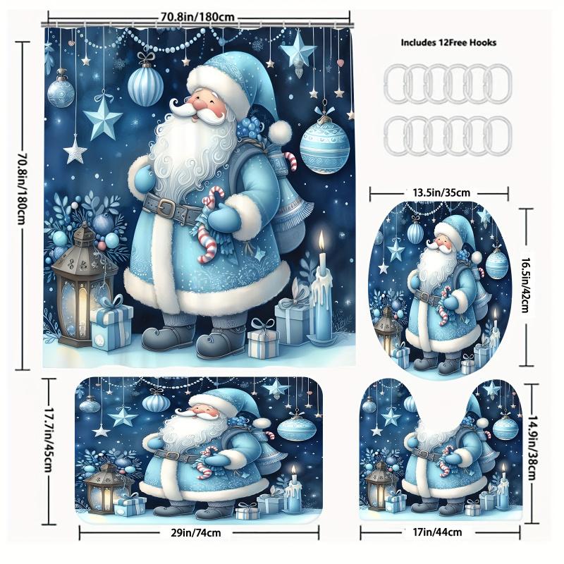 Blue Dreamy Santa Christmas-Themed Bathroom Set - Fade-Resistant Shower Curtain With Hooks, Non-Slip Rug, U-Shaped Mat & Toilet