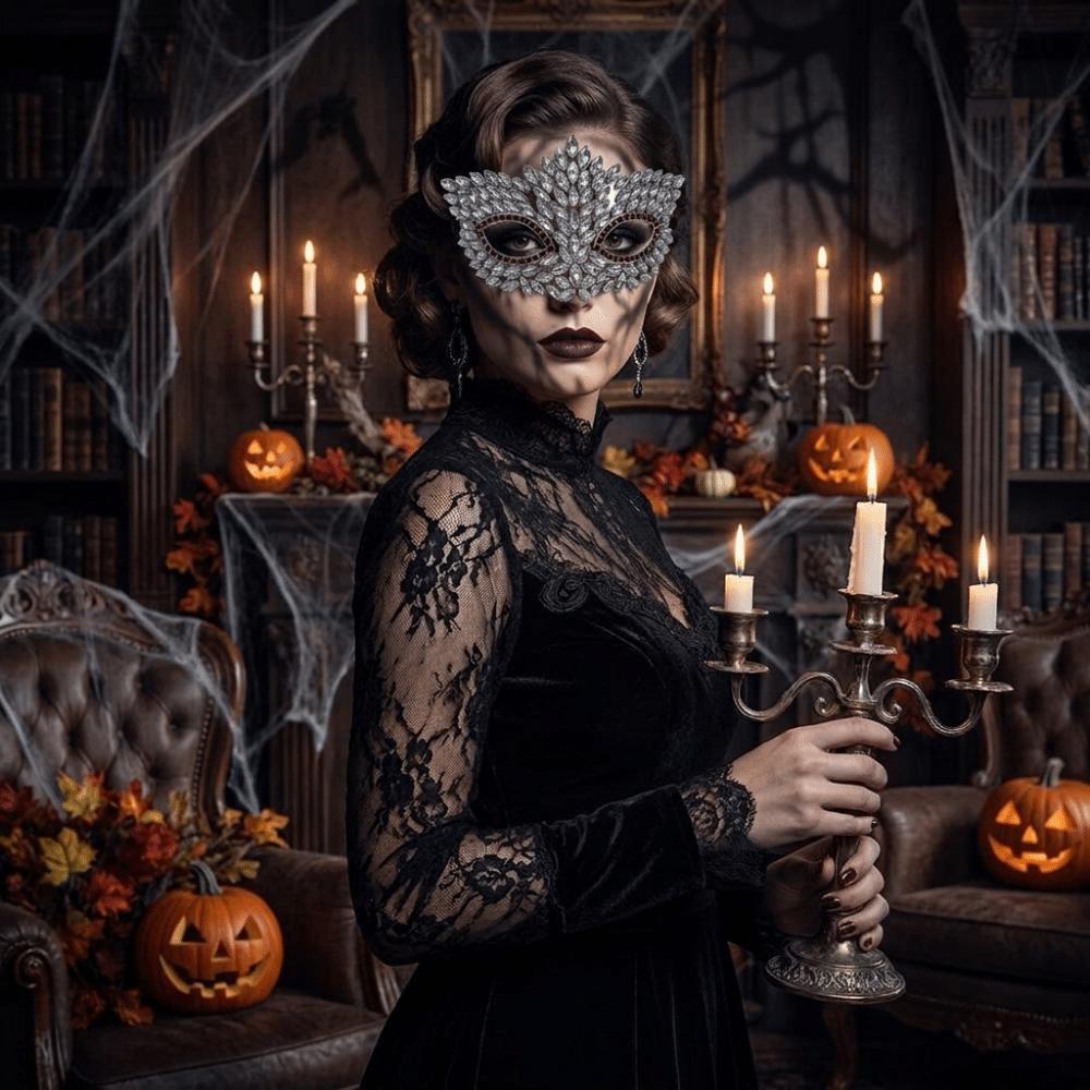 Luxury Half Face Mask Flame Leaf Rhinestone Half Mask Elegant Masquerade Mask Halloween Parties
