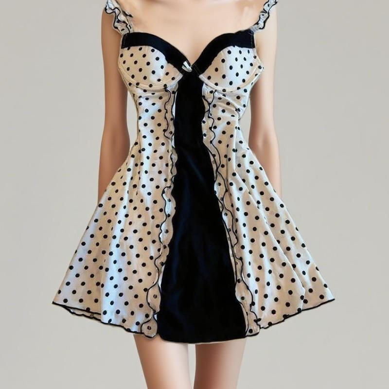 2025 White Polka Dot Camisole Dress for Women Layered Top Up Dress, Summer Belly Covering A-line Skirt