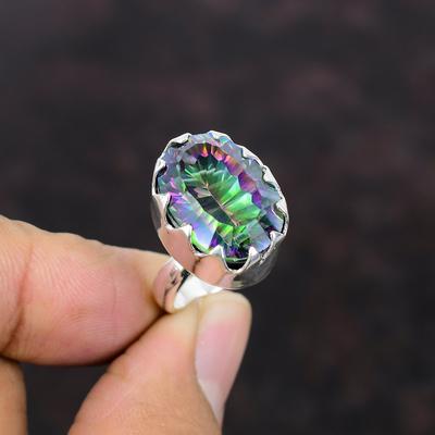 Rainbow Mystic Topaz Ring Genuine Gemstone Ring 925 Sterling Silver Ring Adjustable Ring Ethnic Style Jewelry Handmade Ring Gift For Mother