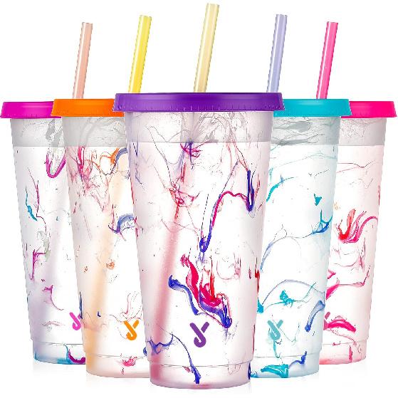 Meoky Color Changing Cold Cups with Lids and Straws - 5 Pack 24 oz Plastic Cute Tumblers Bulk, Reusable for Kids Women Party, Iced Coffee(Swirl)
