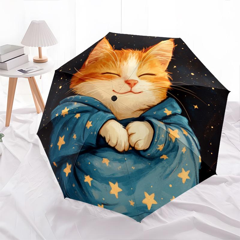 1 PC Automatic Folding Umbrella - Sleepy Kitten Pattern, Portable & Foldable Design with 8 Ribs, Christmas Birthday Gifts