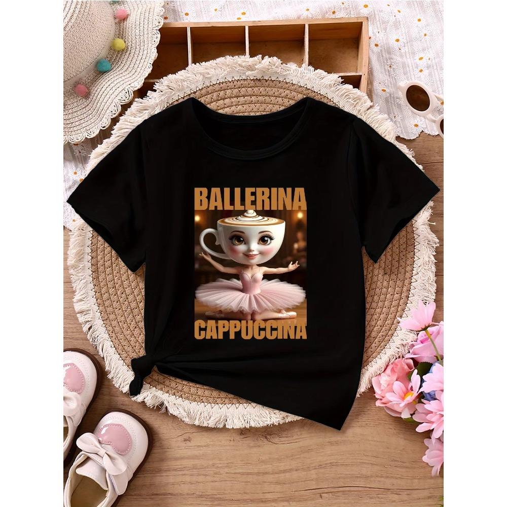 BALLERINA CAPPUCCINA Children's Casual Short-sleeved T-shirt with Gold Letters Cartoon Ballerina Cappuccino Print Top