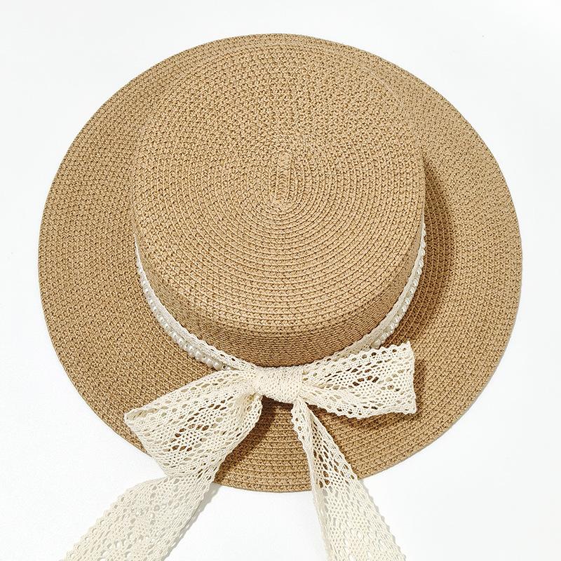 Summer flat top hat lace bow straw hat travel vacation sun hat beach UV protection sun protection hat