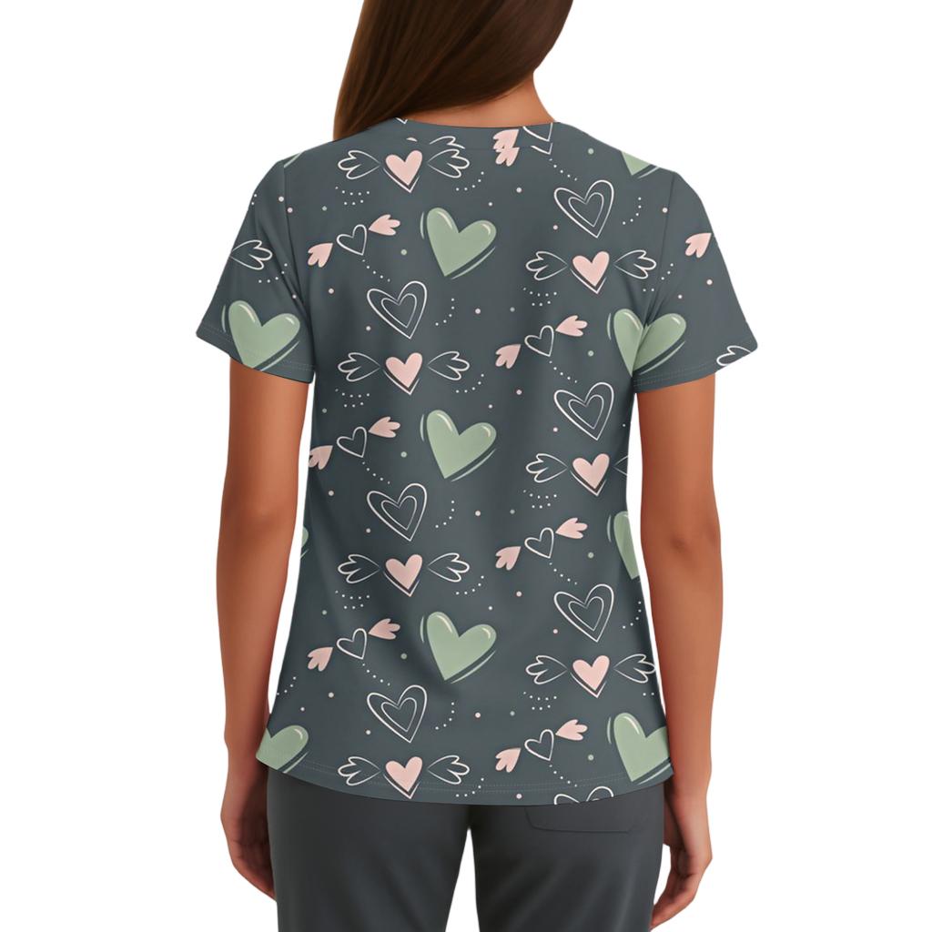 Damen Niedliches Schleifenmuster Arbeitskleidung V-Ausschnitt Doppellagige Taschen Basic Kurzarm Oberteil Pullover